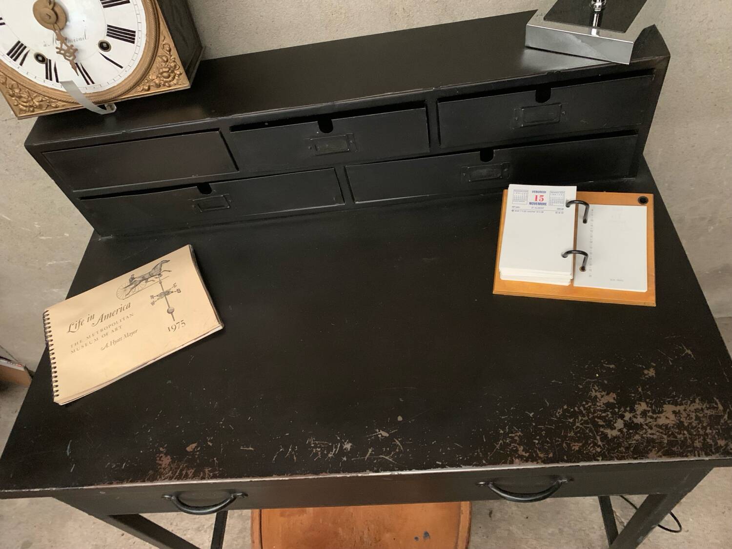 Matte black industrial secretary desk