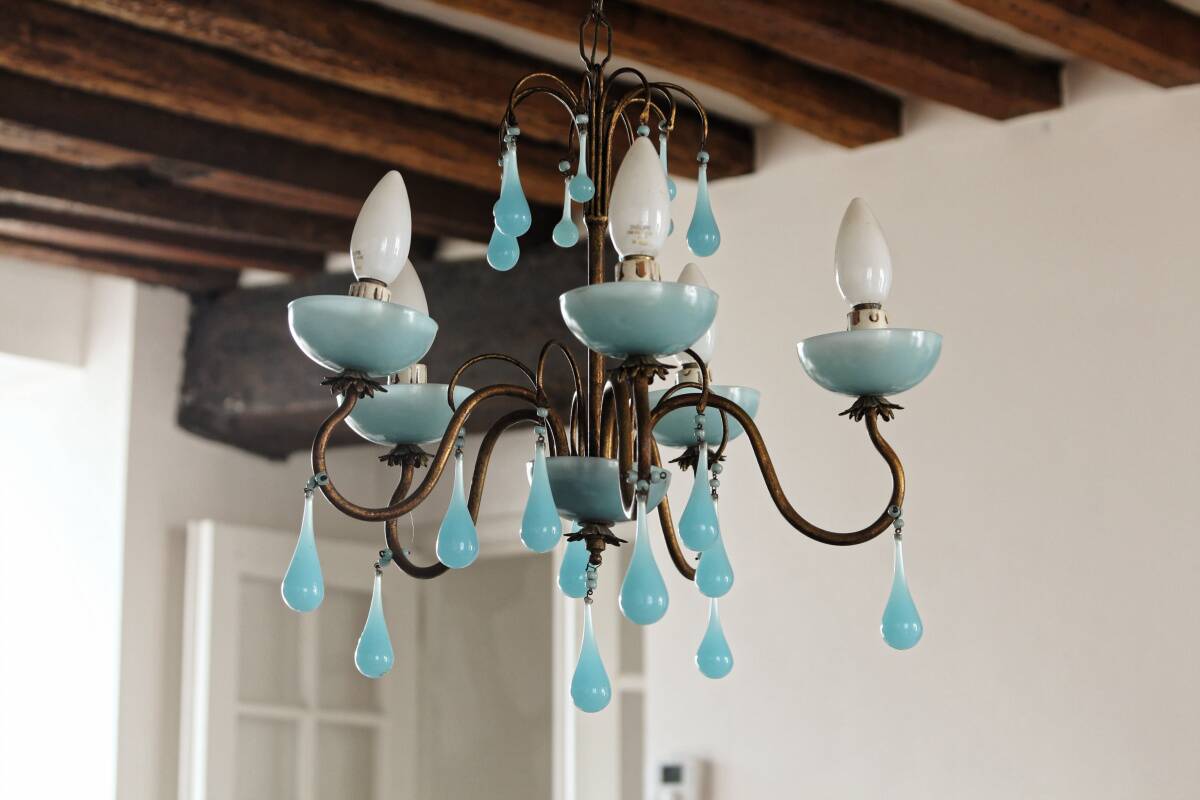 5-light chandelier in brass and blue opaline, 1950s