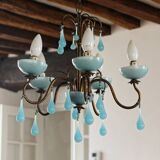 Lustre 5 feux en laiton et opaline bleue, années 50