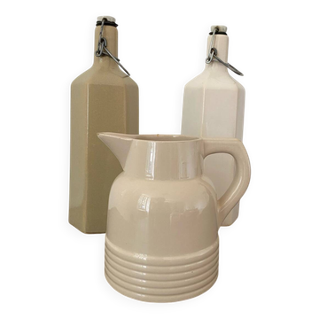 Longwy pitcher, stoneware bottles