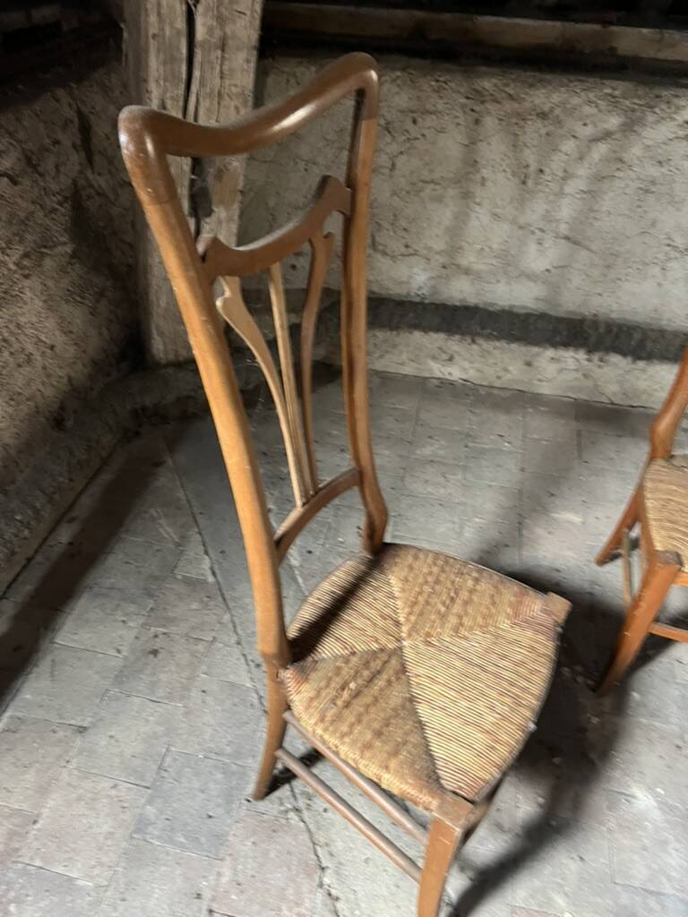 Pair of Vintage Art Nouveau Chairs in Light Wood and Woven Straw Seat