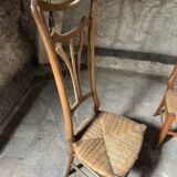 Paire de Chaises Vintage Art Nouveau en Bois Clair et Assise Paille Tressée
