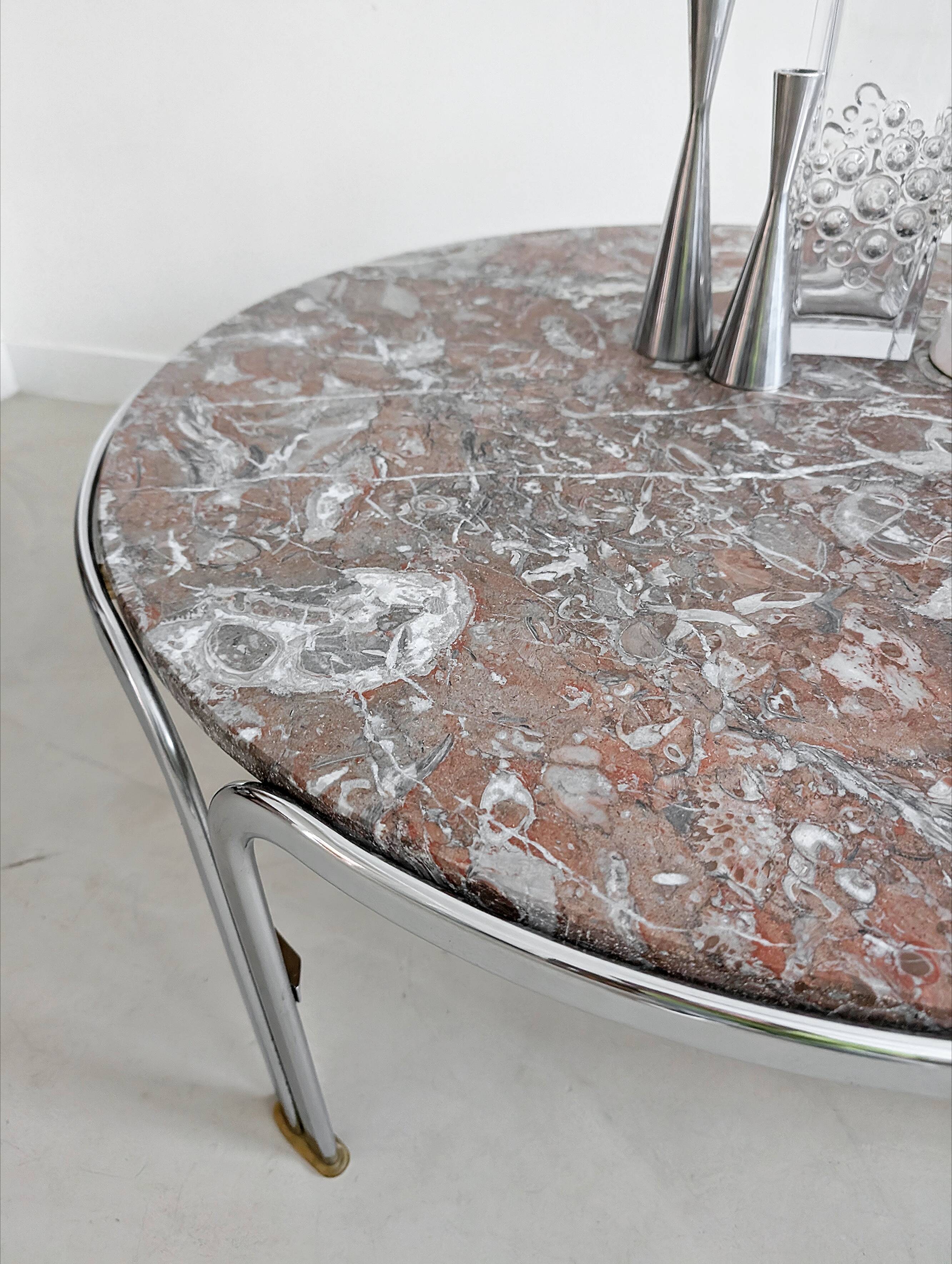 Table basse vintage en marbre rouge et chrome des années 1970