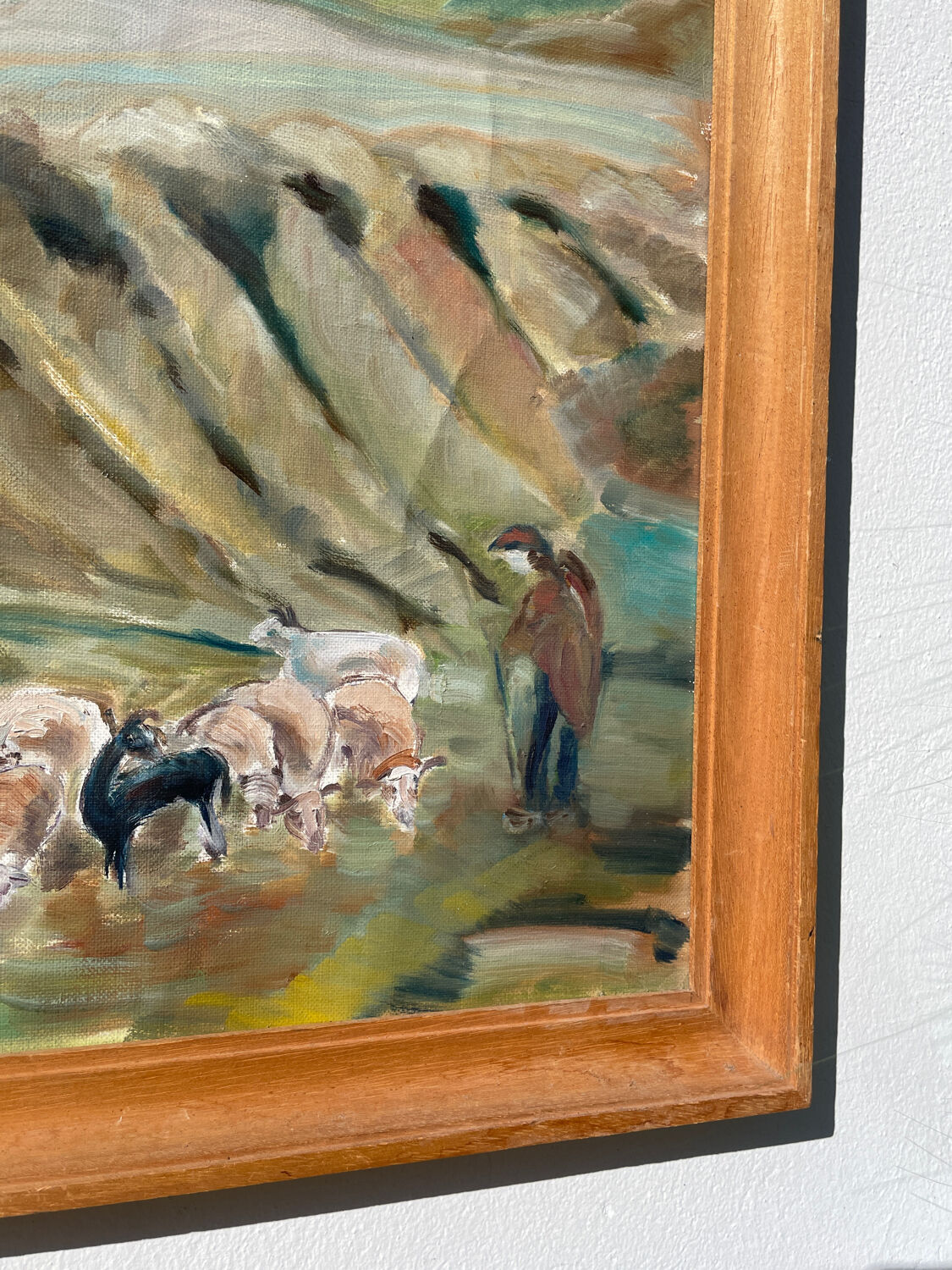 Old painting oil on canvas mountain and shepherd