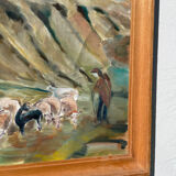 Old painting oil on canvas mountain and shepherd