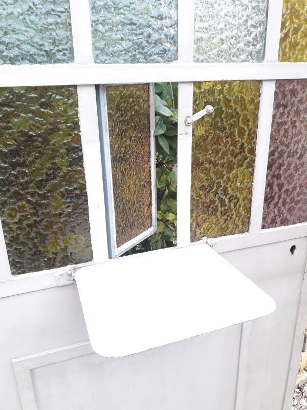 Workshop door 258.4x98.5cm in iron and colored cathedral glass