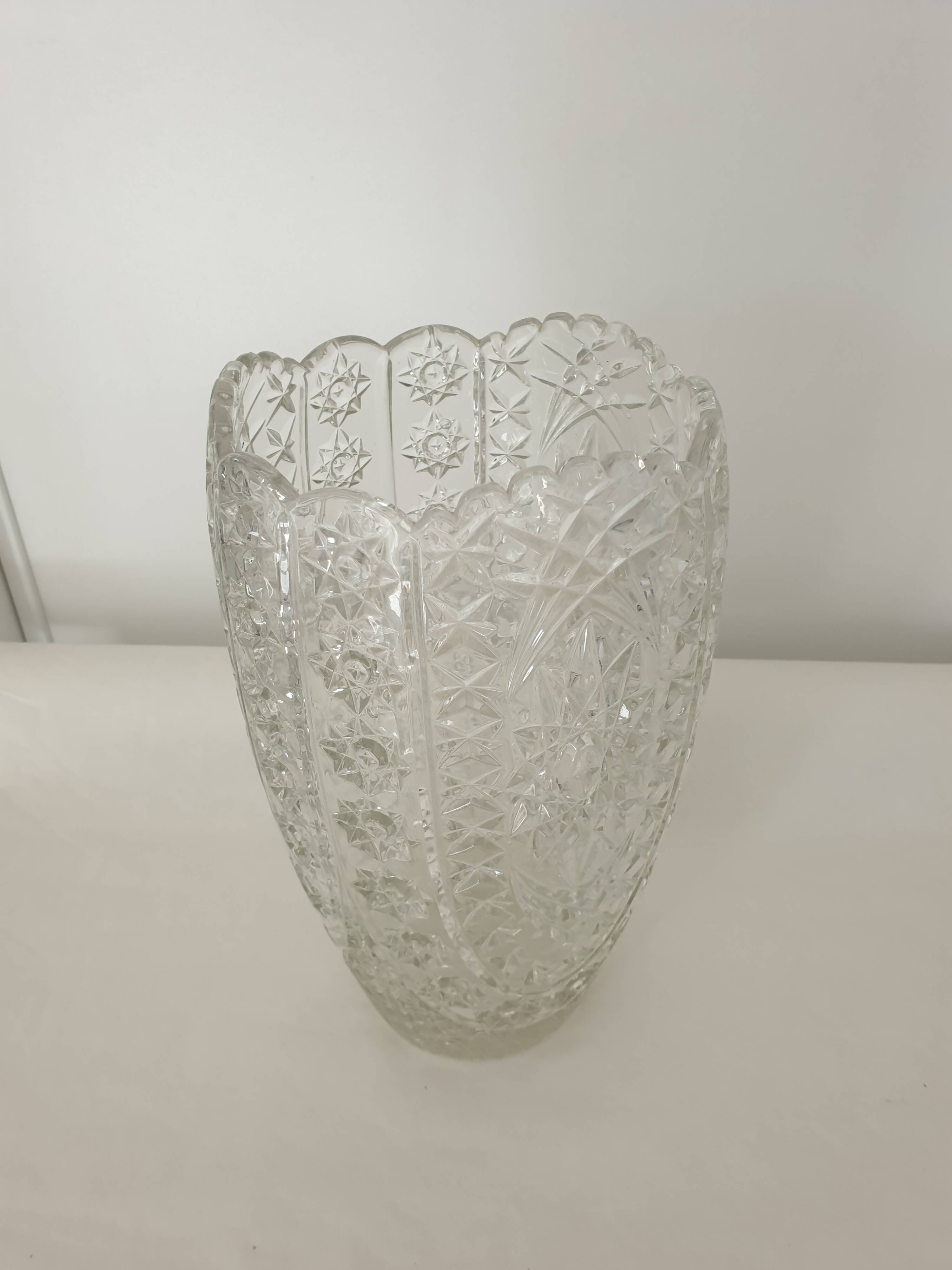 Large Art Deco Style Cut Crystal Glass Vase - Vintage