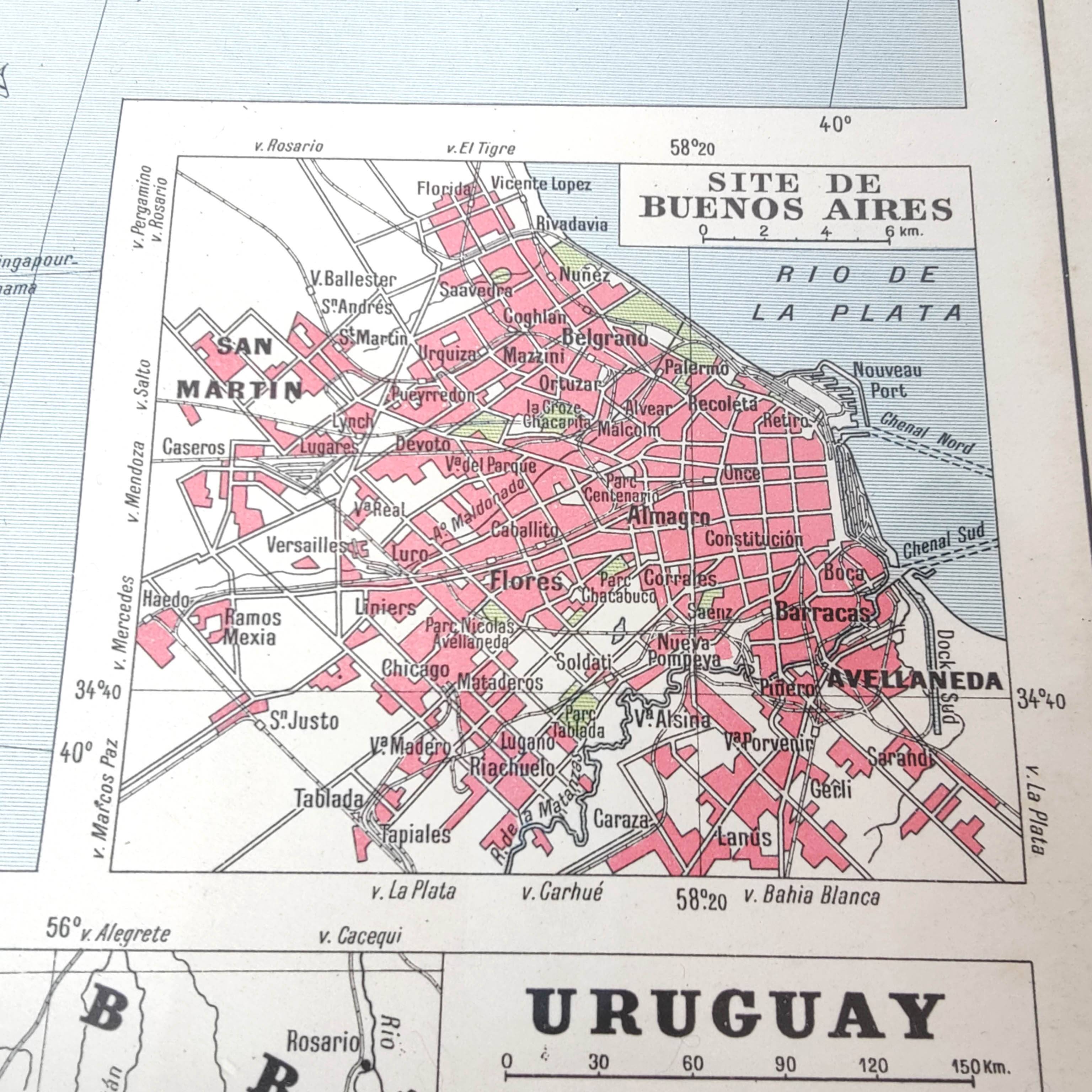 Old map of South America Argentina Chile Uruguay 43x43cm from 1950