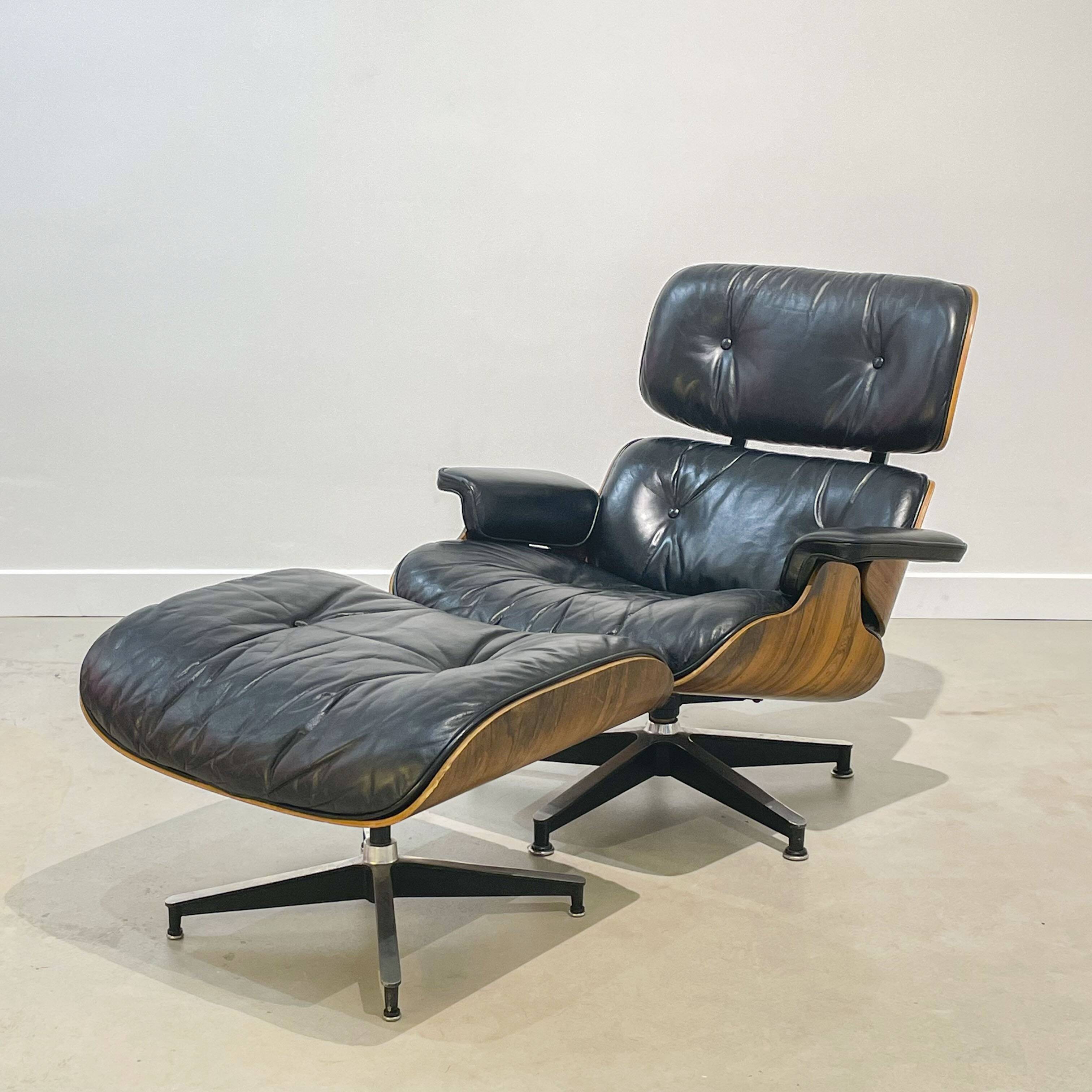 Vintage armchair with ottoman in Rio rosewood by Charles and Ray Eames, 1970s