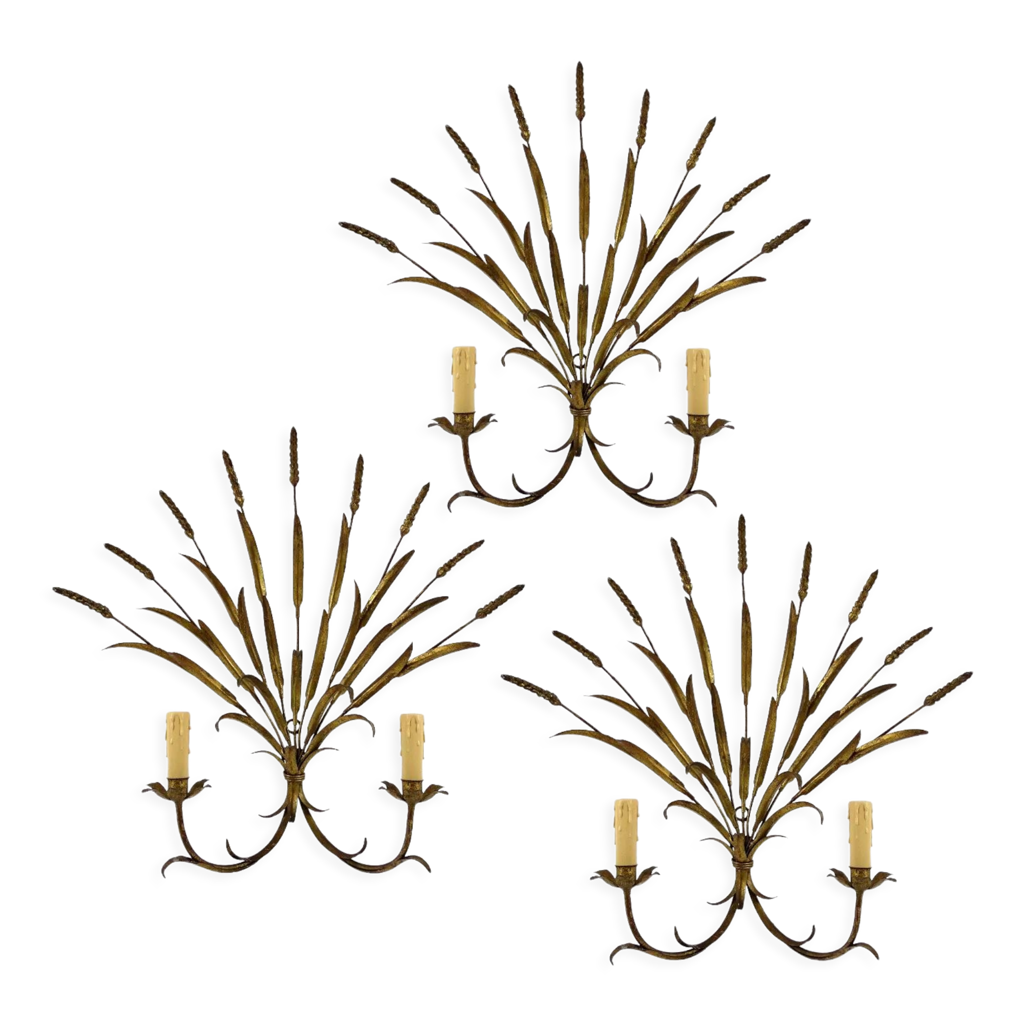 Set of 3 french wheat sheaf wall lamps, 1970s