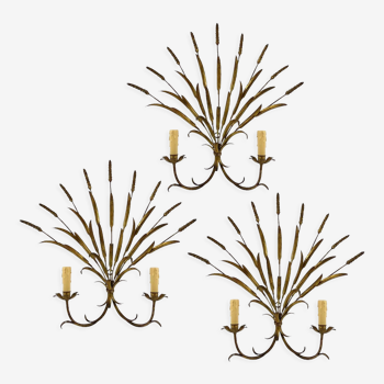 Set of 3 french wheat sheaf wall lamps, 1970s