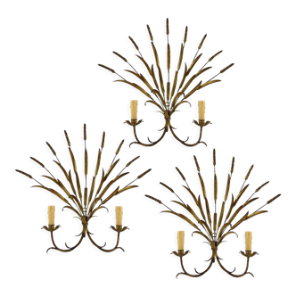 Set of 3 french wheat sheaf wall lamps, 1970s