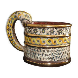 Pot ancien avec anse formant serpent décor jaune orange or faïence Quimper Quillivic