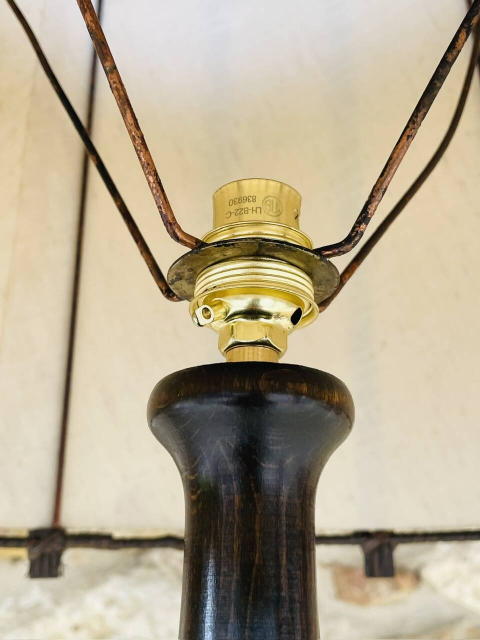 Vintage Floor Lamp Turned Wood, Bamboo Rattan Circa 1950s