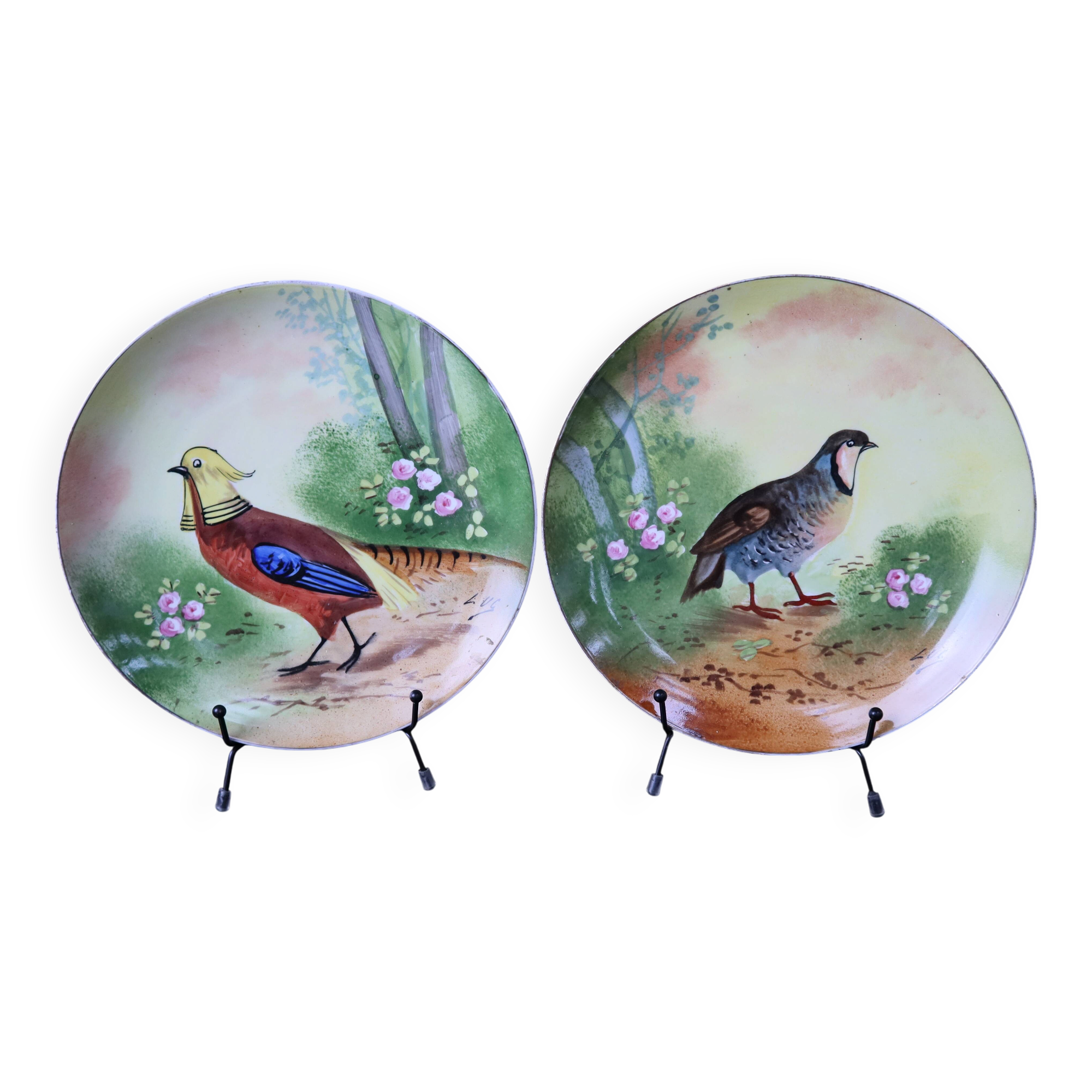 2 decorative flat plates porcelain Limoges partridge and pheasants