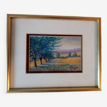 Old pastel painting of Vosges landscape in spring signed Antoine Dugois