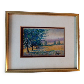 Old pastel painting of Vosges landscape in spring signed Antoine Dugois