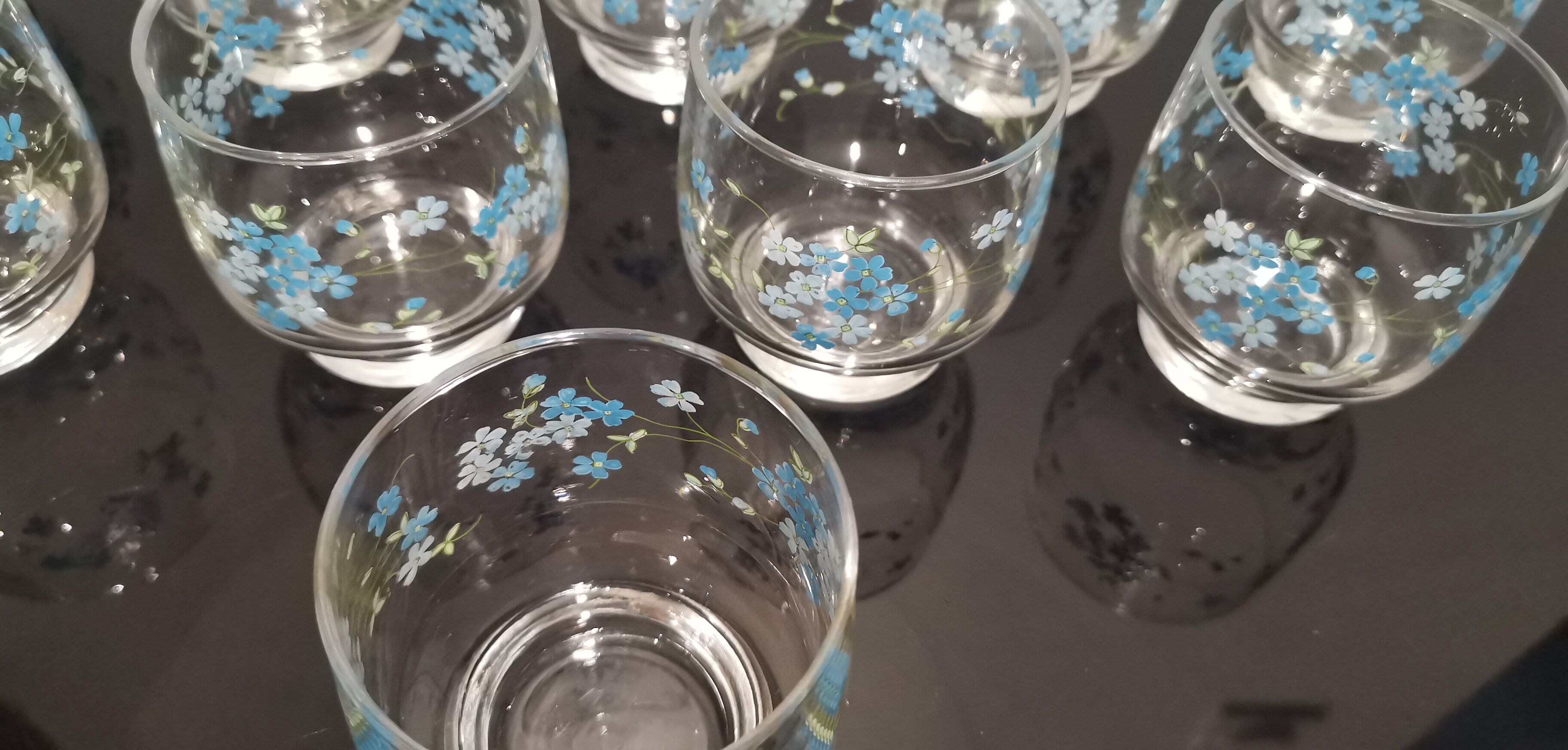 Set of 10 water glasses Veronica Luminarc Arcoroc decoration small blue flowers 80's