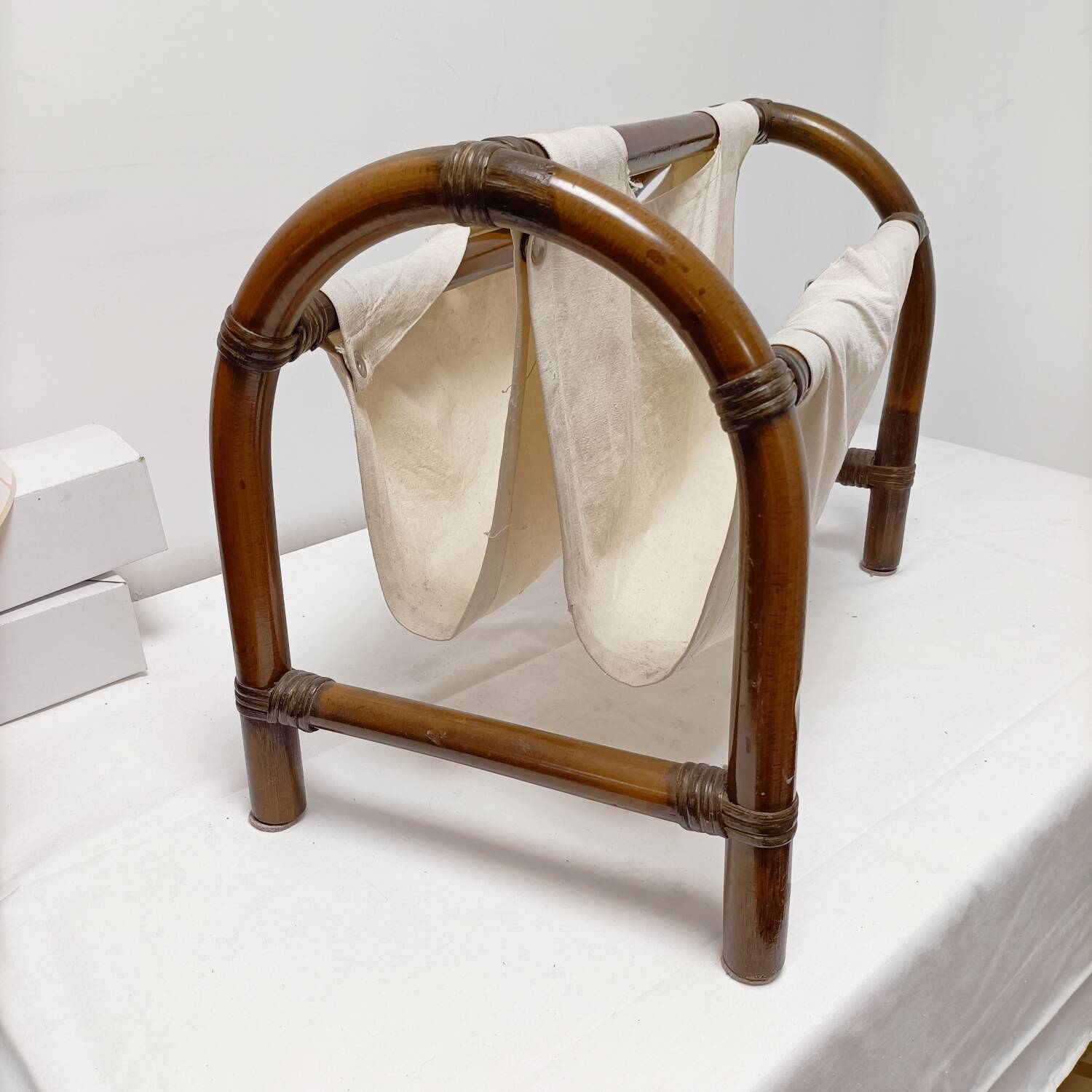 Bamboo and fabric magazine rack - vintage 70s bohemian rattan style