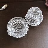 Glass salt and pepper shaker set with vintage serving spoon