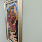 Mid-century modern "perception" swedish vintage abstract portrait oil painting framed