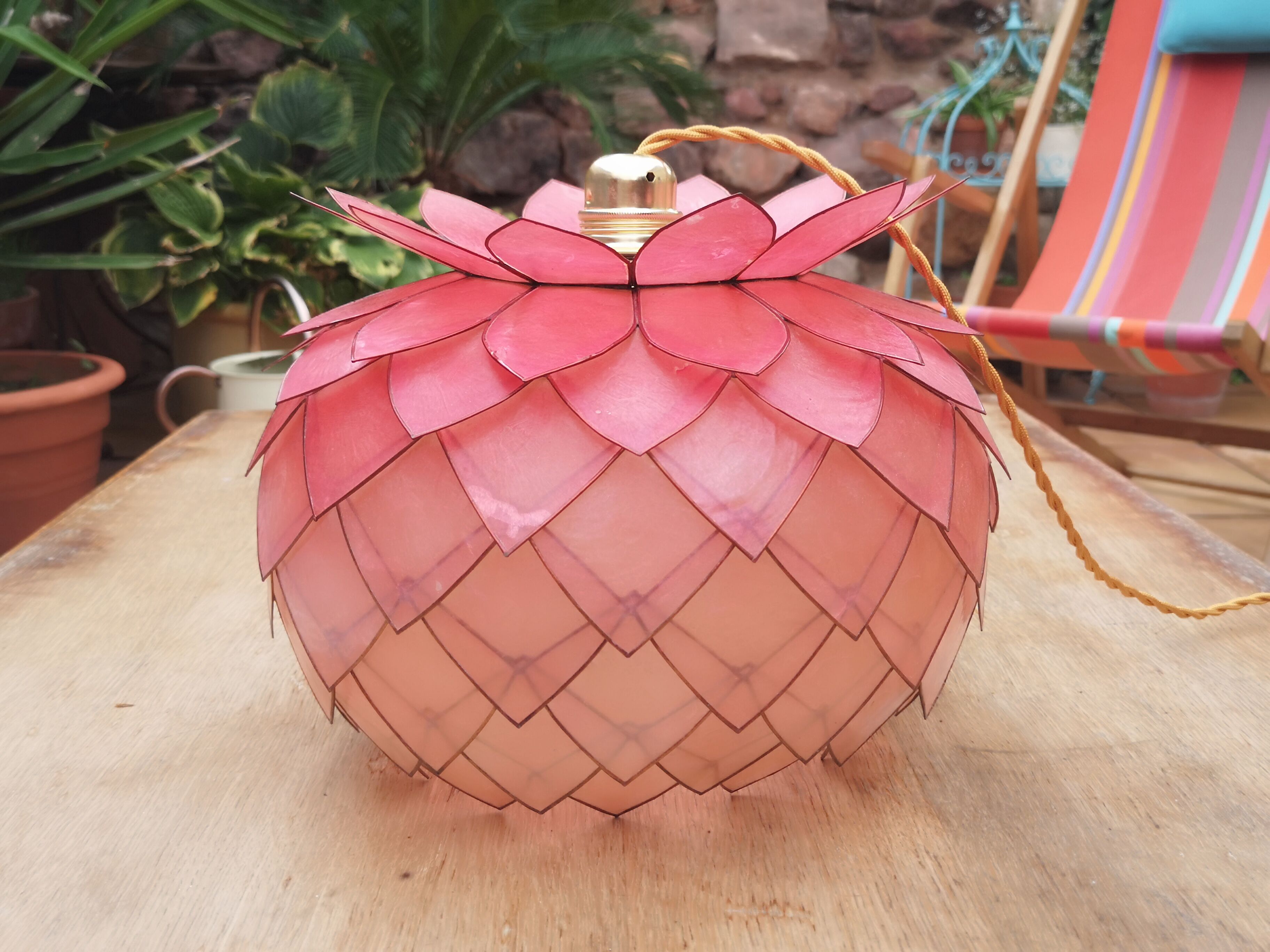 Vintage hanging lamp mother-of-pearl lotus flower and rose-degrading brass