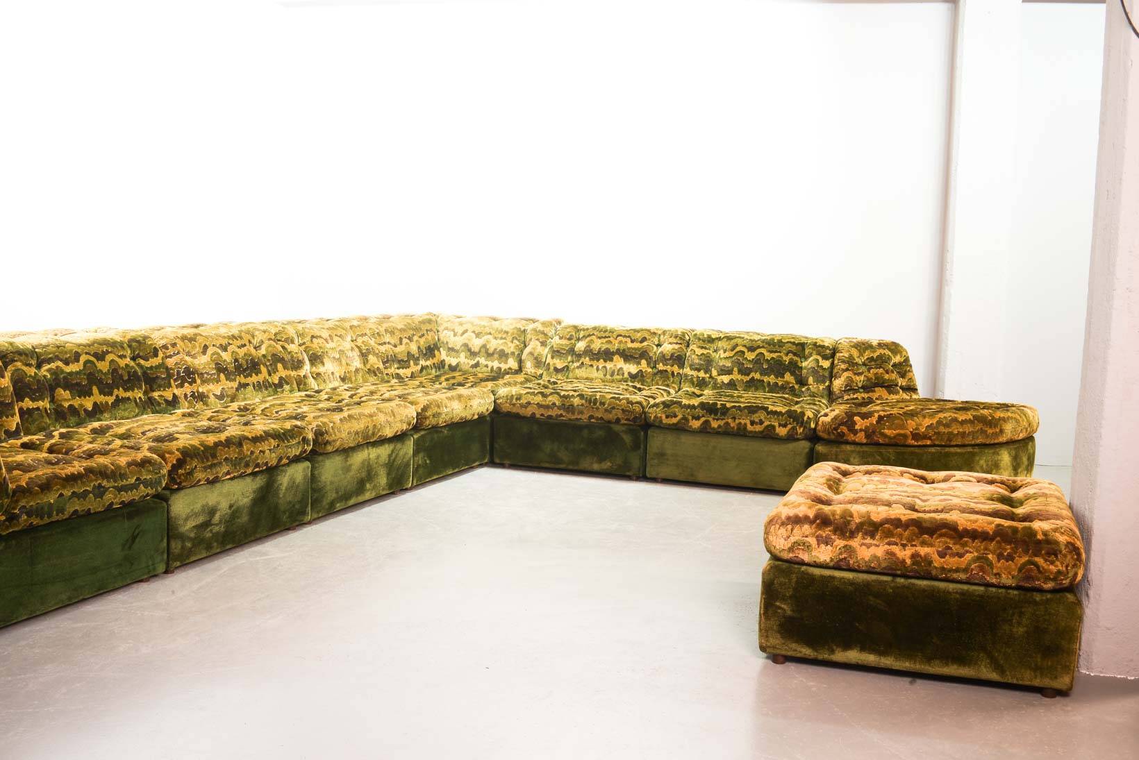 XL Woodstock Style Greenish Velvet Modular Sofa with Ottoman by Laauser 70s