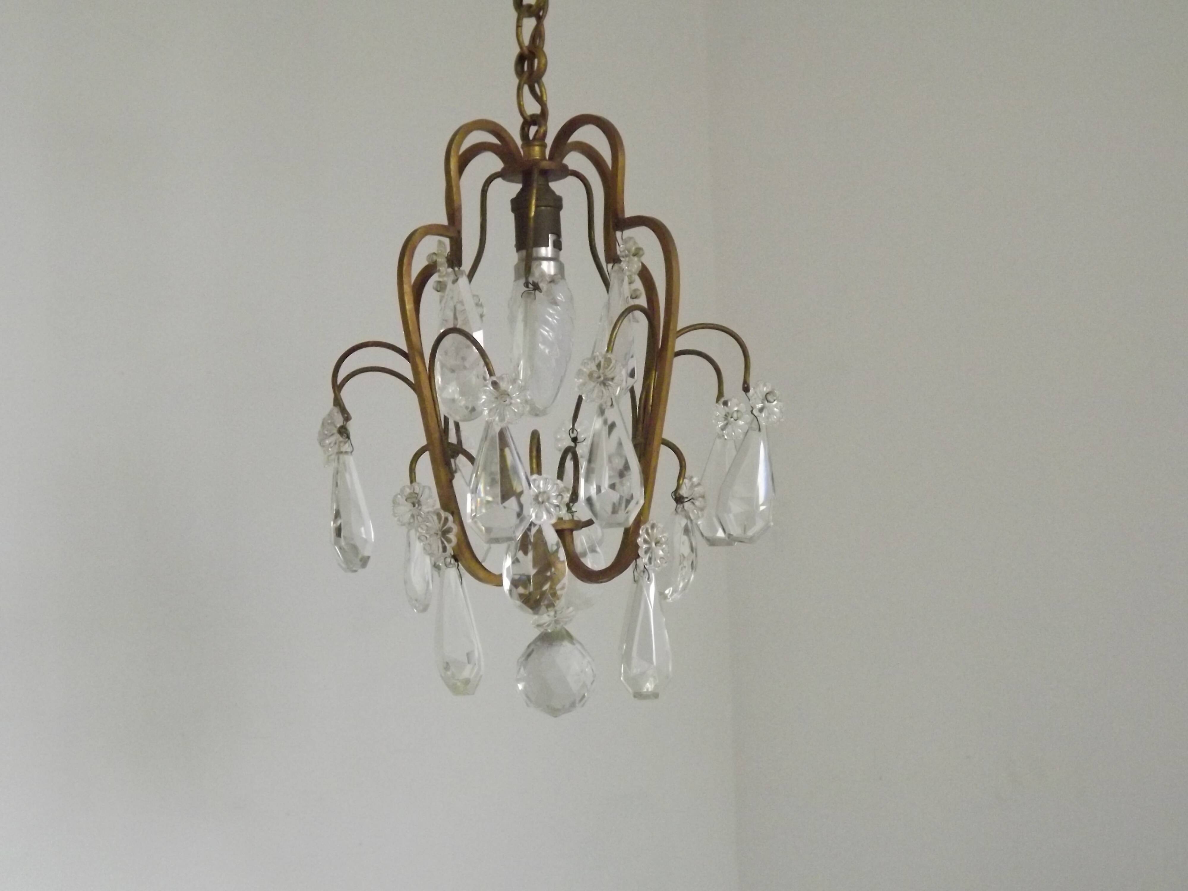 Small French Vintage Brass Single Light 4-Sided Crystal Cage Chandelier