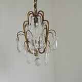 Small French Vintage Brass Single Light 4-Sided Crystal Cage Chandelier