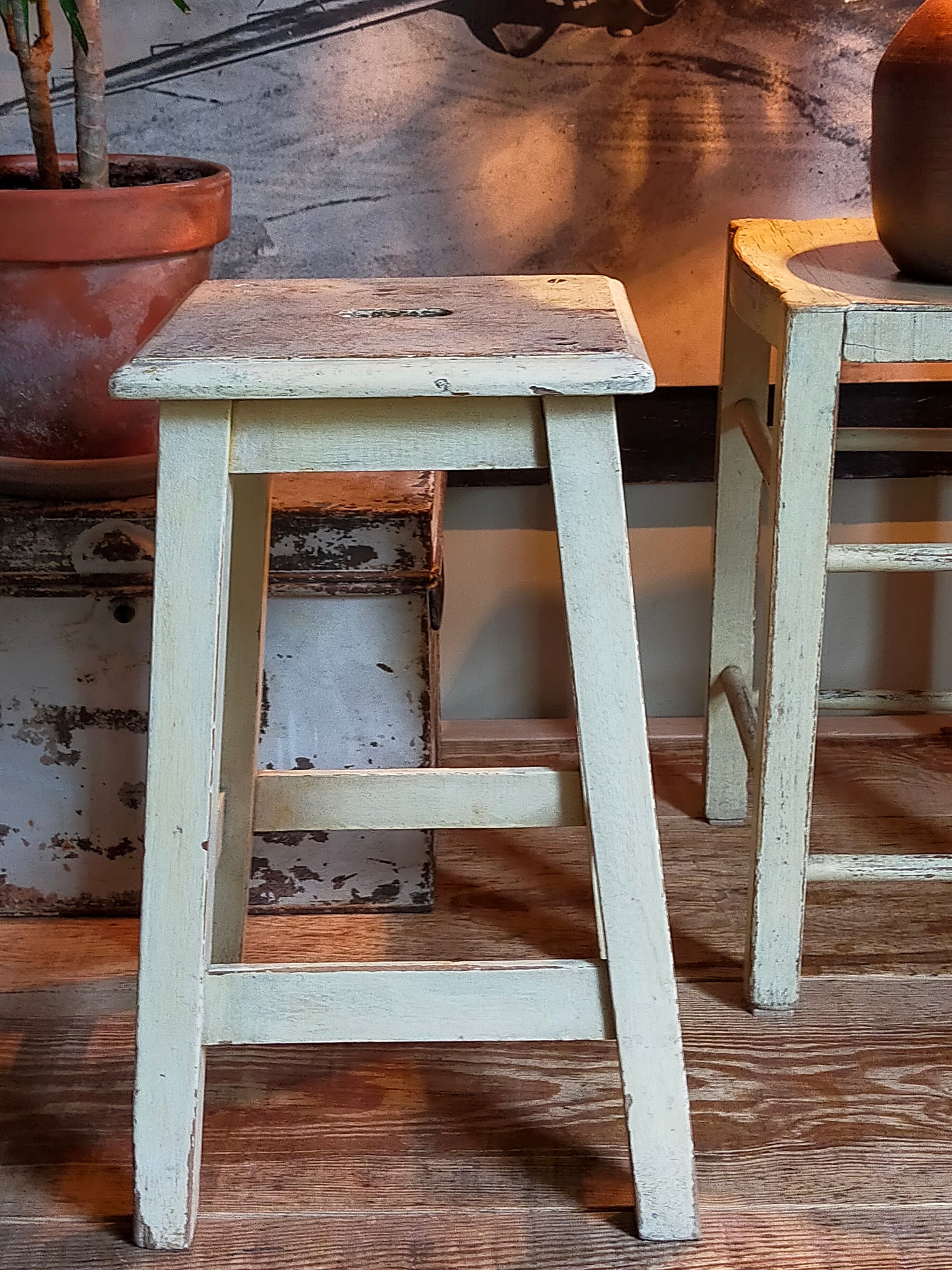 Wooden workshop stool with old patina