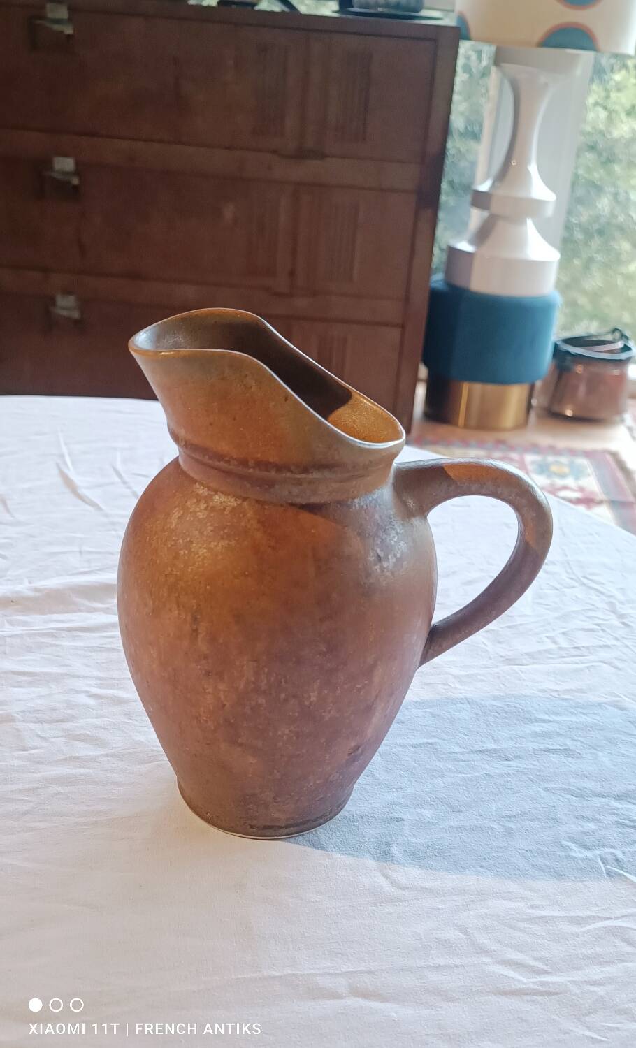 Jug, iridescent glazed stoneware carafe.