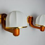 Pair of regency wall lights, pine and stretched canvas, Italy, 1970