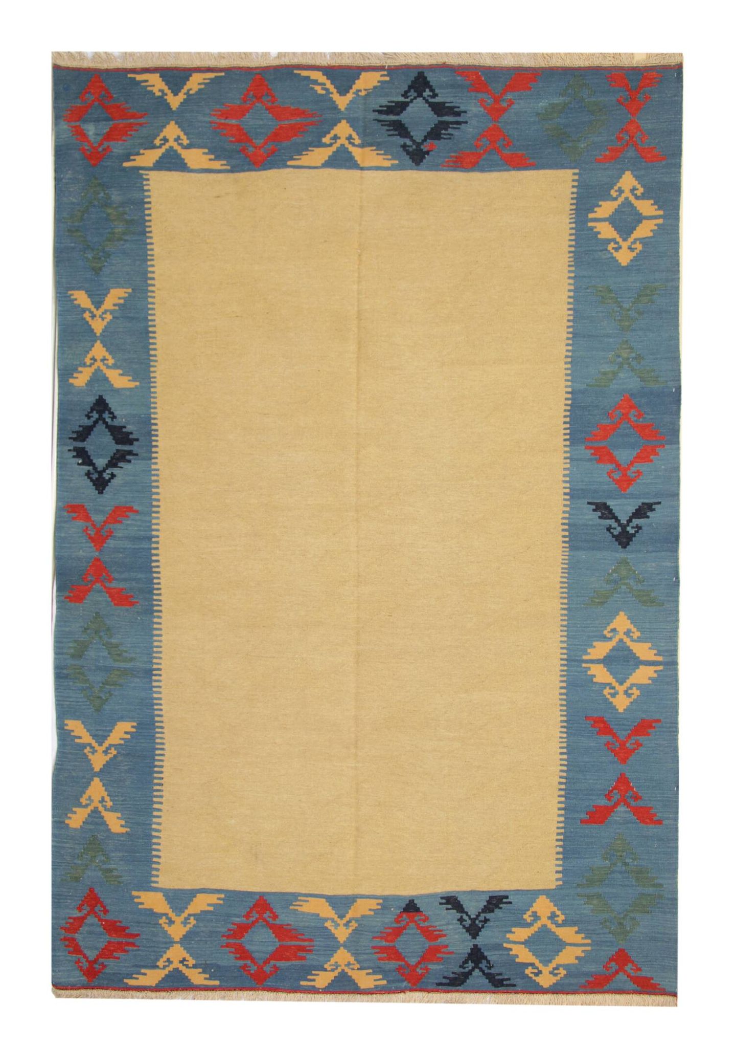 Large Yellow Kilim Rug, Gold Geometric Tribal Wool Carpet 300 x 202 cm