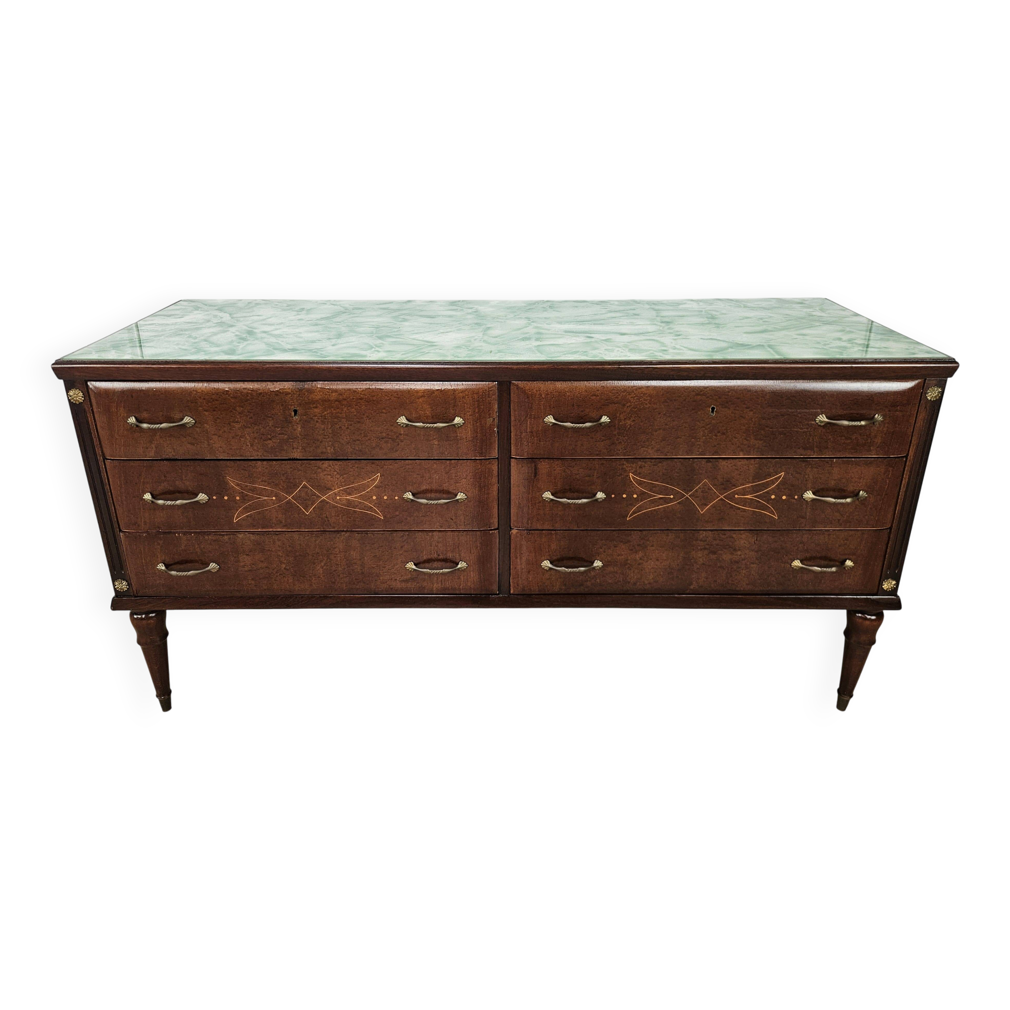 Vintage six-drawer oak chest of drawers with glass top, 1960