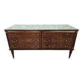 Vintage six-drawer oak chest of drawers with glass top, 1960