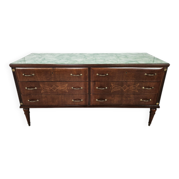 Vintage six-drawer oak chest of drawers with glass top, 1960