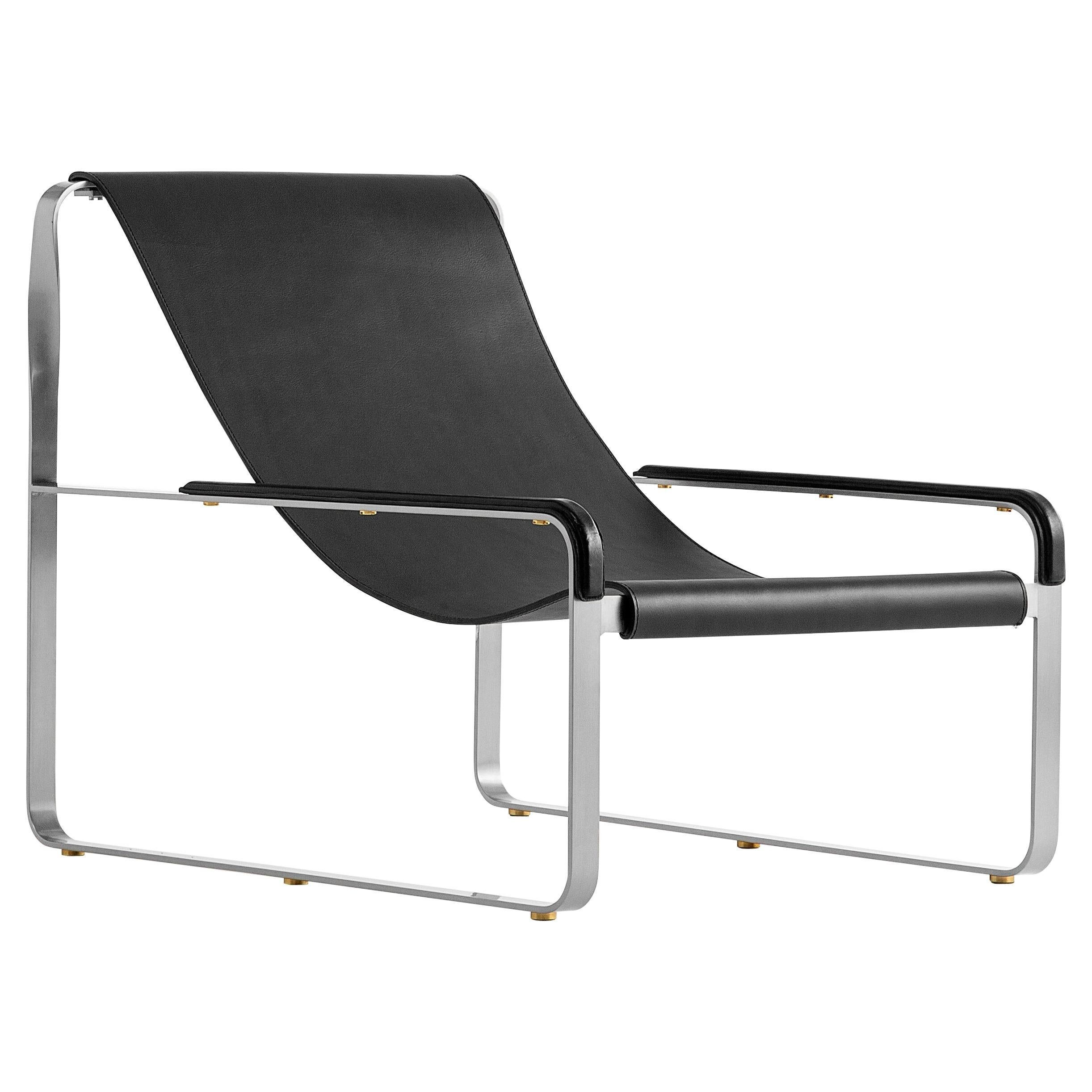 Contemporary Artisan Chaise Longue in aged silver steel and black leather
