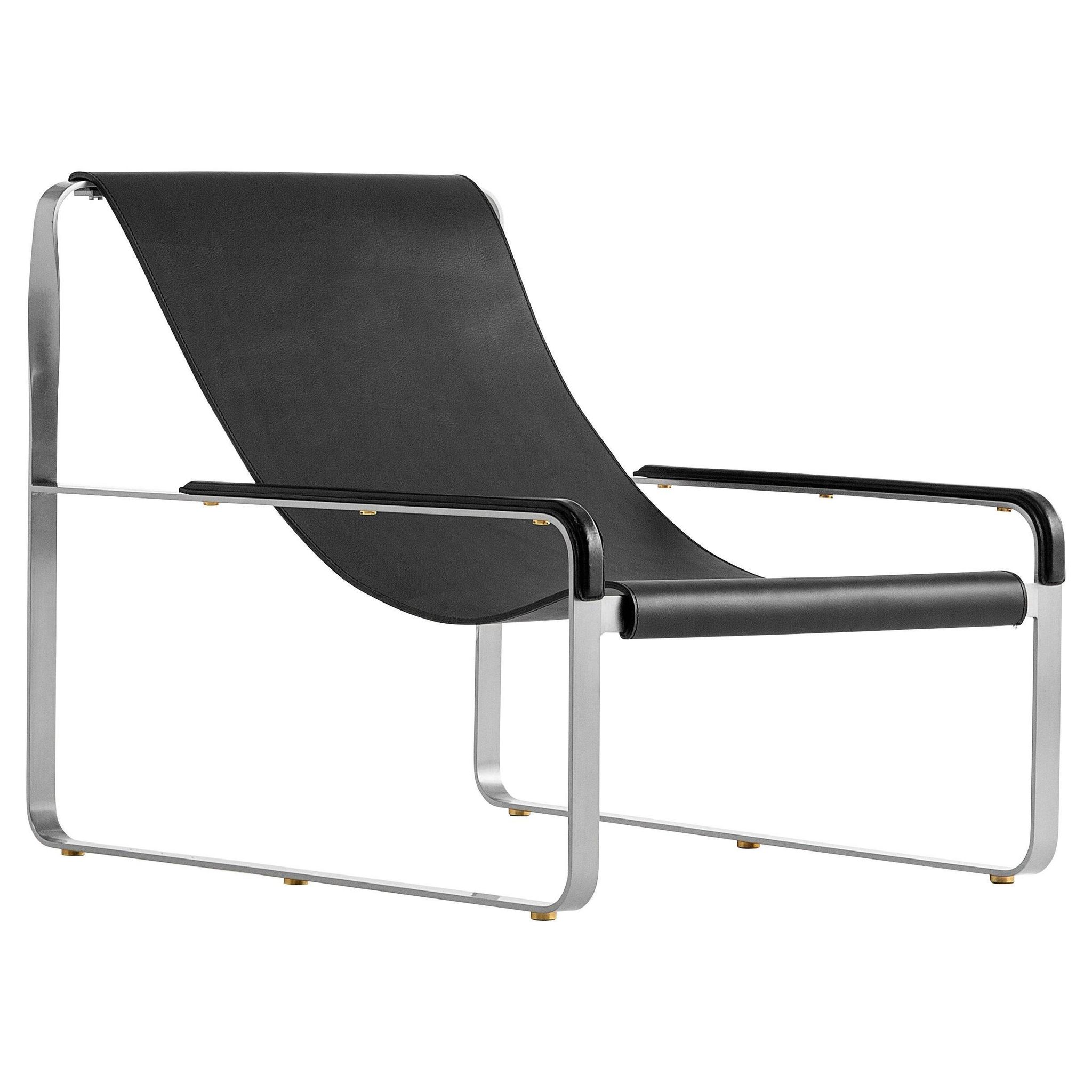 Contemporary Artisan Chaise Longue in aged silver steel and black leather