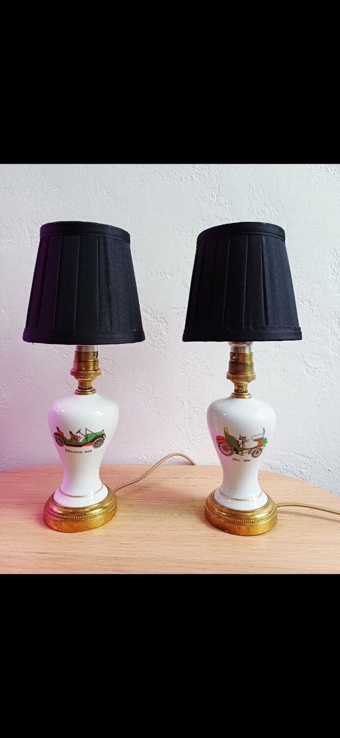 Pair of mid-century porcelain brass bedside lamps, 50s/60s