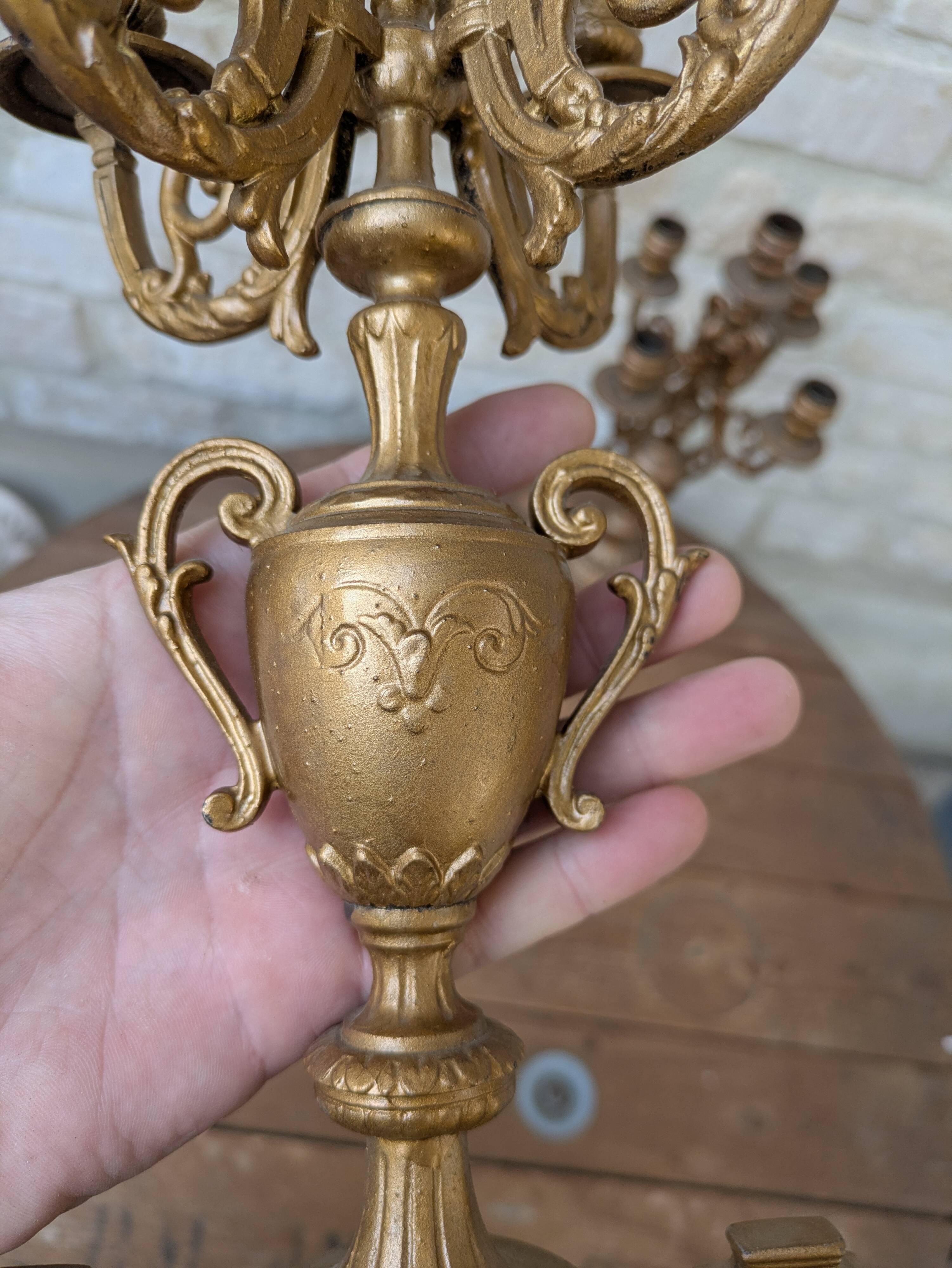 Pair of metal candelabra candle holders with 5 branches, 41cm