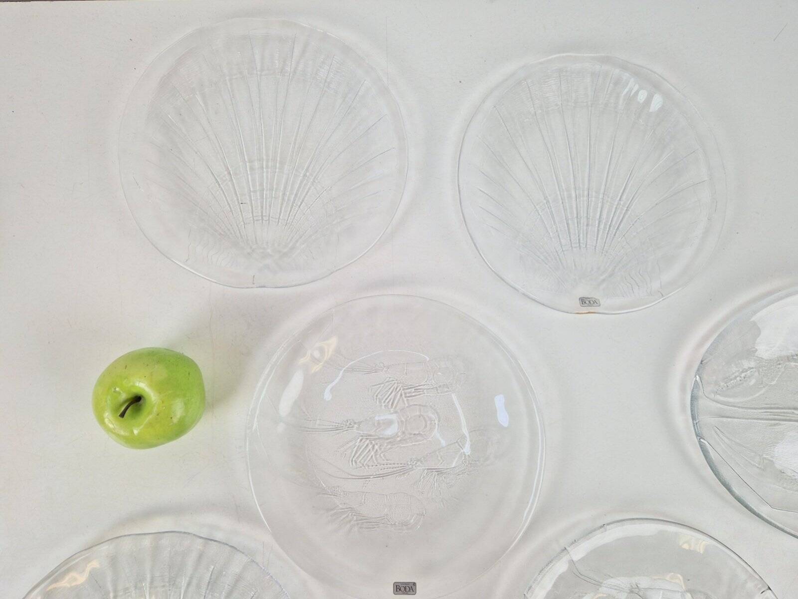 Vintage Glass Seafood Serving Bowl, Plate and Dinner Plates by Ann Warff for Kosta Boda, Sweden, 1970s, Set of 8