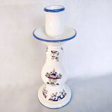 Old Rouen style earthenware candle holder decorated with flower basket 25 cm