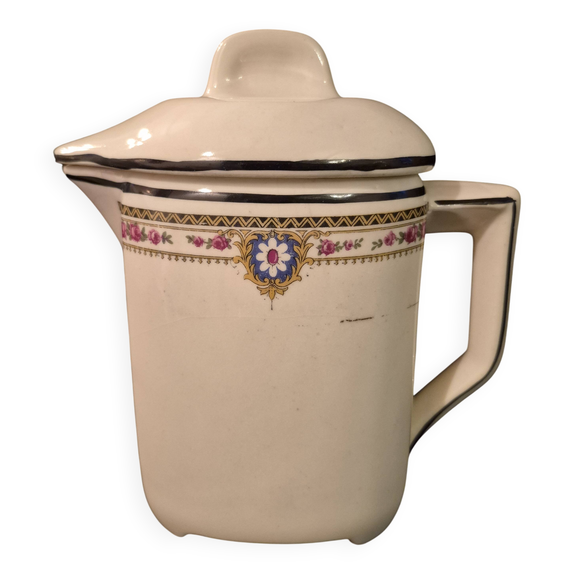 Old covered jug, vintage, geometric frieze with flowers and black trim.