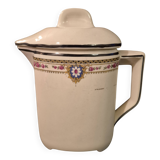 Old covered jug, vintage, geometric frieze with flowers and black trim.