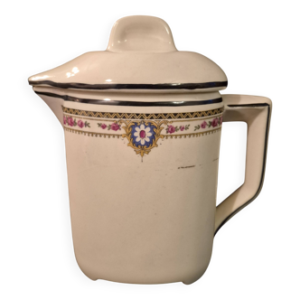 Old covered jug, vintage, geometric frieze with flowers and black trim.