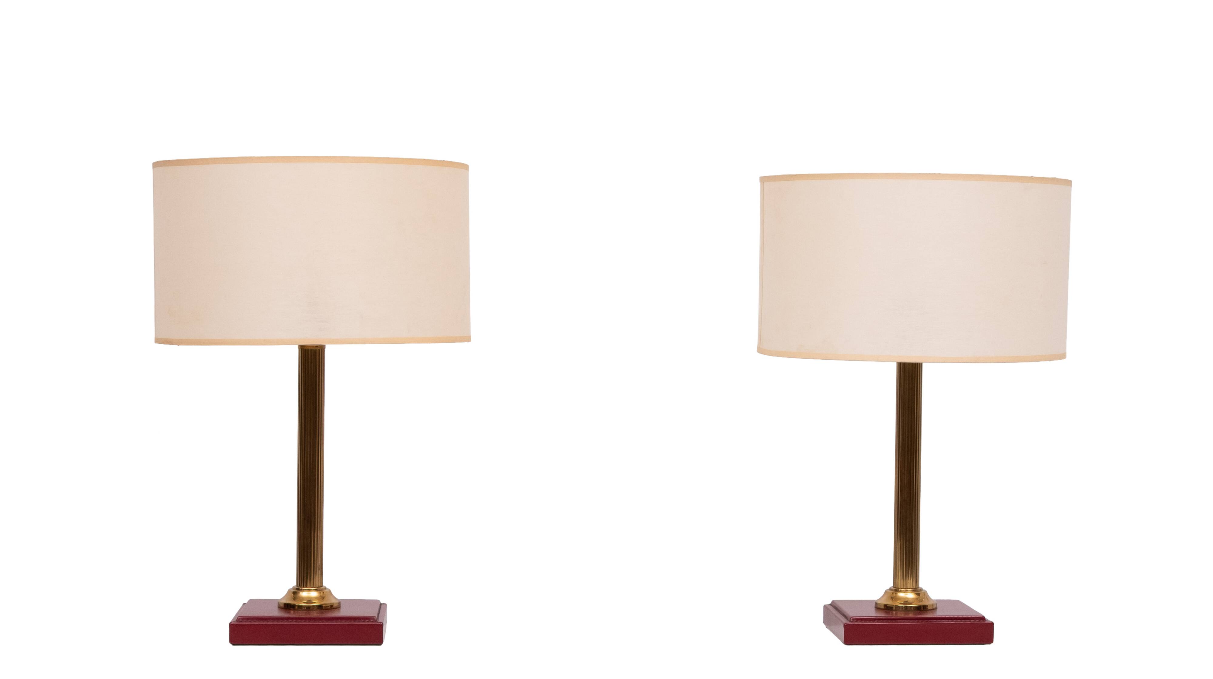 set Jacques Adnet Red Stich Leather Table lamps 1960s France