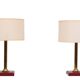 set Jacques Adnet Red Stich Leather Table lamps 1960s France