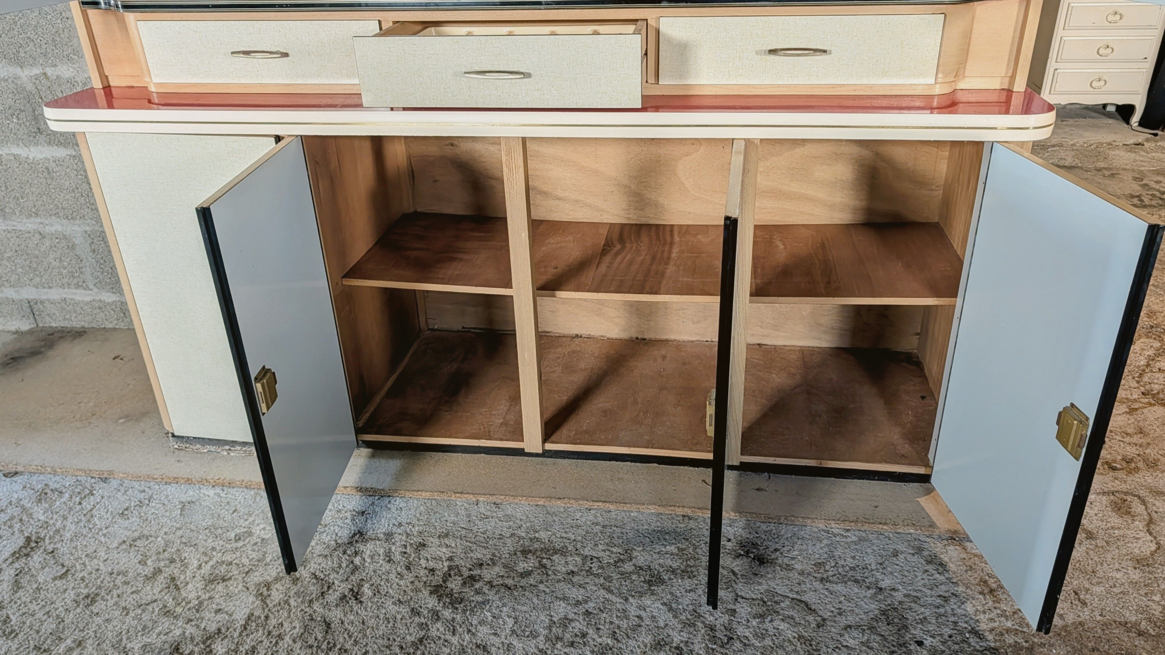 Modernist buffet in almond green & vermilion red 50