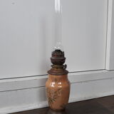 Earthenware kerosene lamp, bohemian crystal and hasag spout