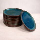 Set of 6 stoneware plates signed Tournay – Turquoise glaze – Vintage years